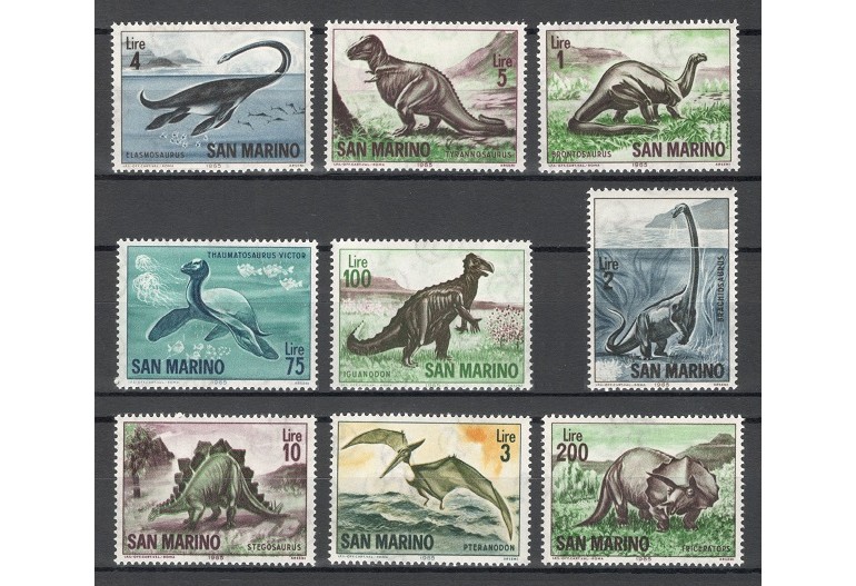 SAN MARINO 1965 - DINOZAURI, ANIMALE PREISTORICE - SERIE DE 9 TIMBRE - NESTAMPILATE - MNH / preistorice180